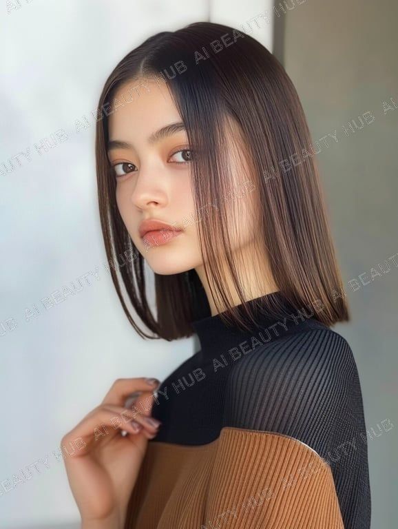 ダークブラウンの切りっぱなしストレートボブ - ストレート