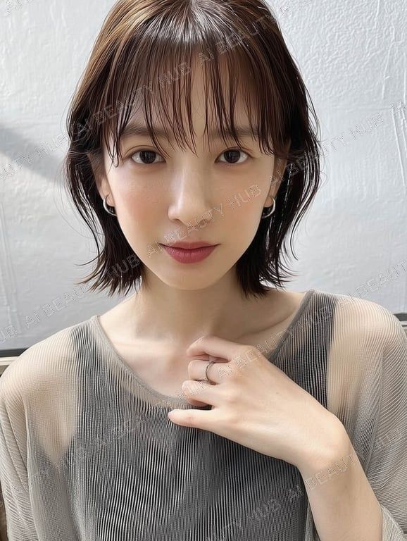 ダークブラウン切りっぱなしショートボブ - ストレート